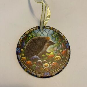 Christmas ornament hedgehog, Stained Glass Style, round flat ceramic W/Box